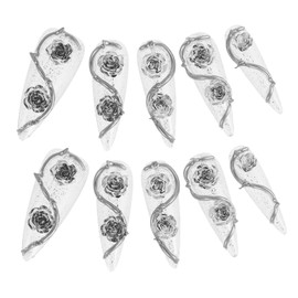 Healvian 10pcs Metal Rose Flower Charms Press Nails Thorn Design False Nails for Women and Girls Diy Gel Glue Wedding Art Supplies Reusable Decorative Manicure