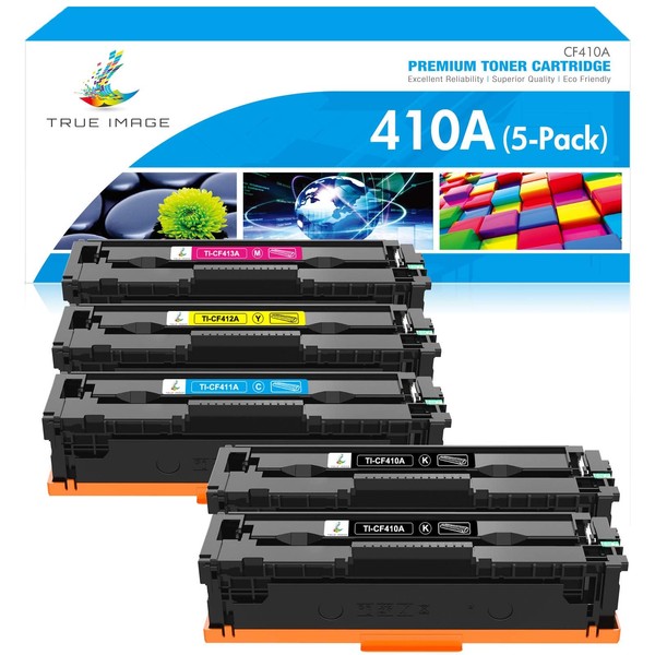TRUE IMAGE Compatible Toner Cartridge Replacement for HP 410A CF410A 410X for HP Color Pro MFP M477fnw M477fdw M477fdn M452dw M452nw M452dn M477 Toner Printer (Black Cyan Yellow Magenta, 5-Pack)