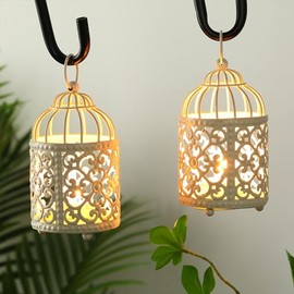 JHY DESIGN 6 Paquetes de Pequeños Portavelas Metálicos Colgantes de Jaula de Pájaros Huecos Portavelas para Mesa de Boda, Fiesta de San Valentín, Patio, Regalos para el Exterior (Blanco)