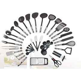 38-piece Kitchen Utensils Set Home Cooking Tools Gadgets Turners Tongs Spatulas Pizza Cutter Whisk Bottle Opener, Graters Peeler, Can Opener, Measuring Cups Spoons (Black)