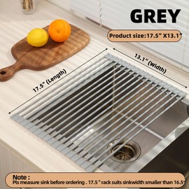 SAOSHYPEI Roll Up Dish Drying Rack,Over The Sink Dish Drainer Anti-Slip Dish Racks for Kitchen Counter,Silicone Coated Steel Multipurpose Space Saving for Kitchen,17.5" x 13.1", Grey
