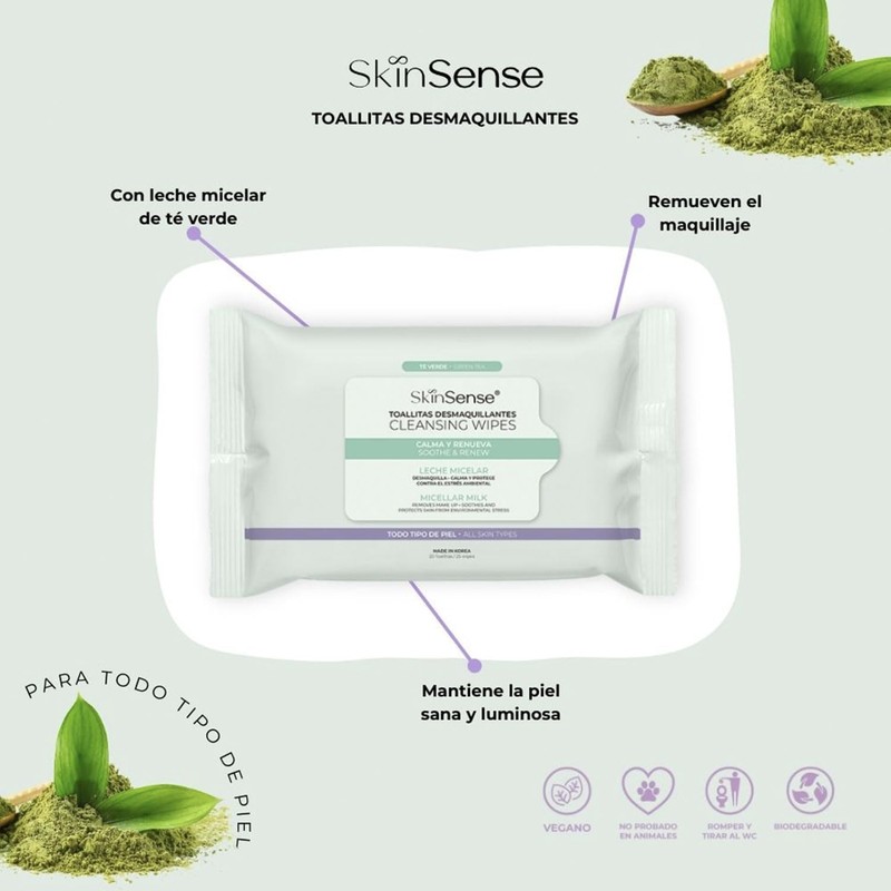 Skin Sense Toallitas Faciales Biodegradables (25 piezas) – Té Verde