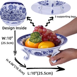 XINGYAN 10in Blue and White Ceramic Fruit Bowl,Chinoiserie Decorative Bowl,Three-Legged Porcelain Pedestal Bowl for Fruit, Serving, Kitchen Counter, Dining Table Centerpiece, Home Decor (10in)