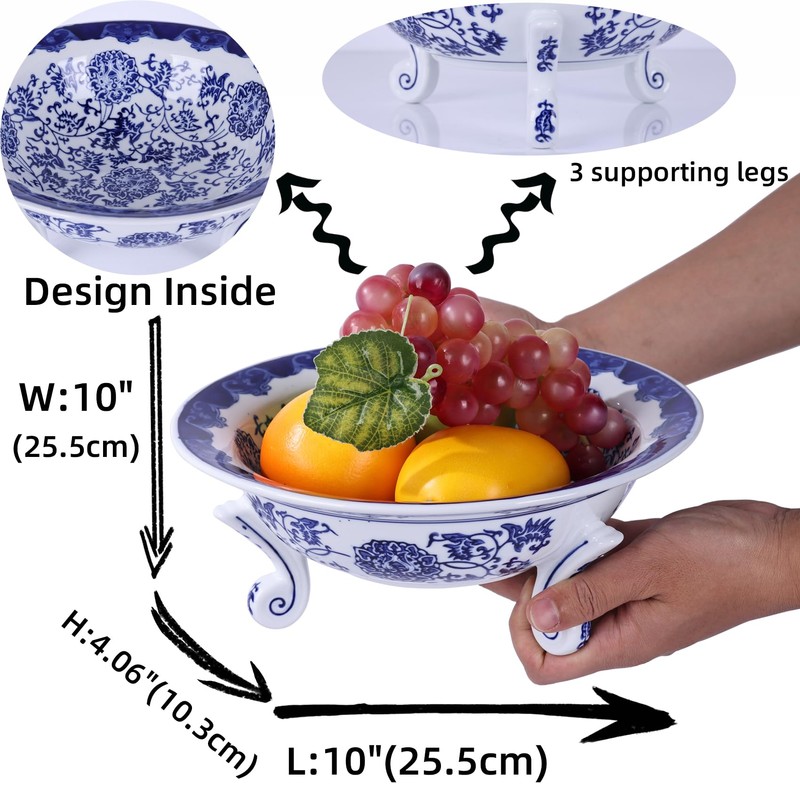 XINGYAN 10in Blue and White Ceramic Fruit Bowl,Chinoiserie Decorative Bowl,Three-Legged