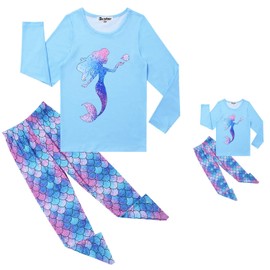 Blue Mermaid Pj Set Matching Girls&Dolls Pajamas Kids Cotton Pjs American Girls Clothes,Size 8 9