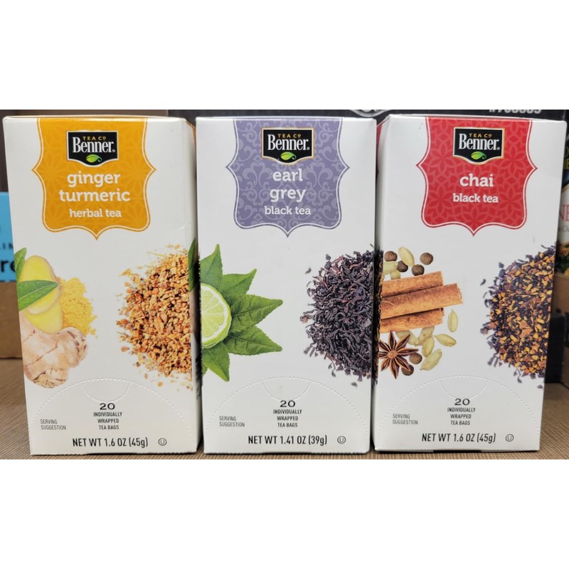 Benner Tea Co Assorted Tea Bags Ginger Turmeric, Earl Grey,