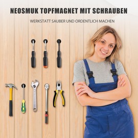 Neosmuk Magnets with Hole, 50 kg, Black, Extra Strong Neodymium Magnetic Screws, Round Magnets, Strong Ring Magnets for Screwing on, Magnet with Thread for the Wall, Pack of 10