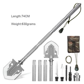 Military Style Folding Shovel, Multi-Function Camping Spade with Compass, Silver