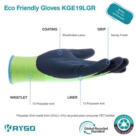 KAYGO Latex Coated Work Gloves for Men Women Breathable, 3 Pairs Recycled Polyester Gardening Gloves, Safety Yard Work Gloves for Men, KGE19L (Green, Small)