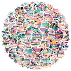 Pack of 50 Beach Stickers Pack Beach Sticker Set Waterproof Vinyl Stickers for Laptop Children Cars Motorcycle Bicycle Skateboard Luggage Suitcase Computer Sticker Graffiti Decal