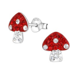 Pair of Small Sparkly Mushroom/Toadstool Sterling Silver Stud Earrings With Red and Clear Crystal Stones