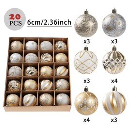 SVNVIOZ Gold White Christmas Baubles, 20Pcs 6cm Christmas Tree Ball Ornaments Set, Hanging Xmas Tree Decorations Shatterproof Christmas Balls for Christmas Tree Decoration