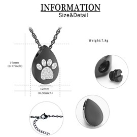 AIWENXI Cremation Jewelry for Ashes Teadrop Urn Necklace Keepsake with Dog/Cat Paw Memorial Urn Jewelry Stainless Steel Necklace Memorial for Pet Gift for Men Women