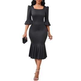 dasmzper Women's Elegant Short Ruffle Sleeve Bodycon Long Formal Party Evening Dress with Fishtail Black