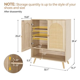 GarveeHome Rattan Shoe Storage Cabinet, Shoe Cabinet with Doors and Adjustable Shelves, Boho Wooden Shoe Organizer for Entryway, Hallway, Living Room, Light Oak