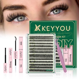 DIY Lash Extension Kit KEYYOU LASH 280Pcs Individual Eyelash Extension Kit 40D50D D Curl 9-16MIX Lash Clusters with Glue Remover Applicator Easy to Use for Beginners(Kit-40D50D-D-9-16MIX)