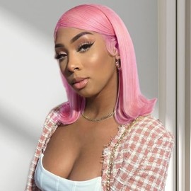 UCUVIC Rose Pink 13x4 Bob Wig Human Hair Hd Transparent Straight Frontal Bob Wig Short Wigs For Black Women Bob Lace Front Wigs Human Hair Pre Plucked Bob With Natural Hairline 180% Density 14inch