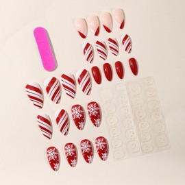 24PCS Christmas Short False Nails with Glue Stickers,Almond Full Cover Acrylic Nails Press on Nails no Glue,Red White Snowflake French Fake Nails Stick on Nails for Women and Girls Nail Art