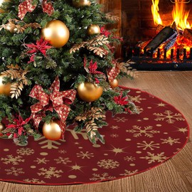 Christmas Tree Skirt 48 Inches, Gold Snowflakes Red Tree Skirt, Large Christmas Tree Mat with Snow Pattern for Christmas Decorations Party