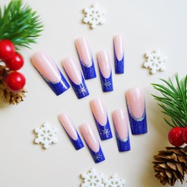 French Christmas Press on Long Square Blue False Nails with Glitter & Snowflake Designs Full Cover Acrylic Jelly Stick on Nails for Women and Girls Xmas Manicure