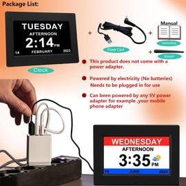 Yuanzeco Alarm Clock With Day And Date For Elderly 3Displays 7inch Digital Calendar Day Clock Photo Frame- Auto Dimmable Display 15 Alarm Options, Day Clock with Non-Abbreviated Day & Month (White)