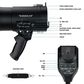 MGROLX Bluetooth Megaphone Bullhorn, 50Watt Loud Speaker w/Rechargeable Battery, Built-in Siren and 260S Recording, USB/SD/AUX Input-for Outdoor, Police, Cheerleading(Matte Black)
