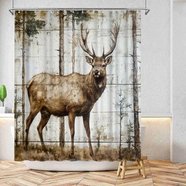 Conipit Rustic Deer Shower Curtain, Wildlife Elk with Forest Wood Plank Print, Brown, Farmhouse Style 72''x72'' with Hooks