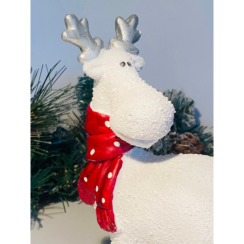 White Reindeer with Red Spotty Scarf Christmas Ornament (STANDING DEER