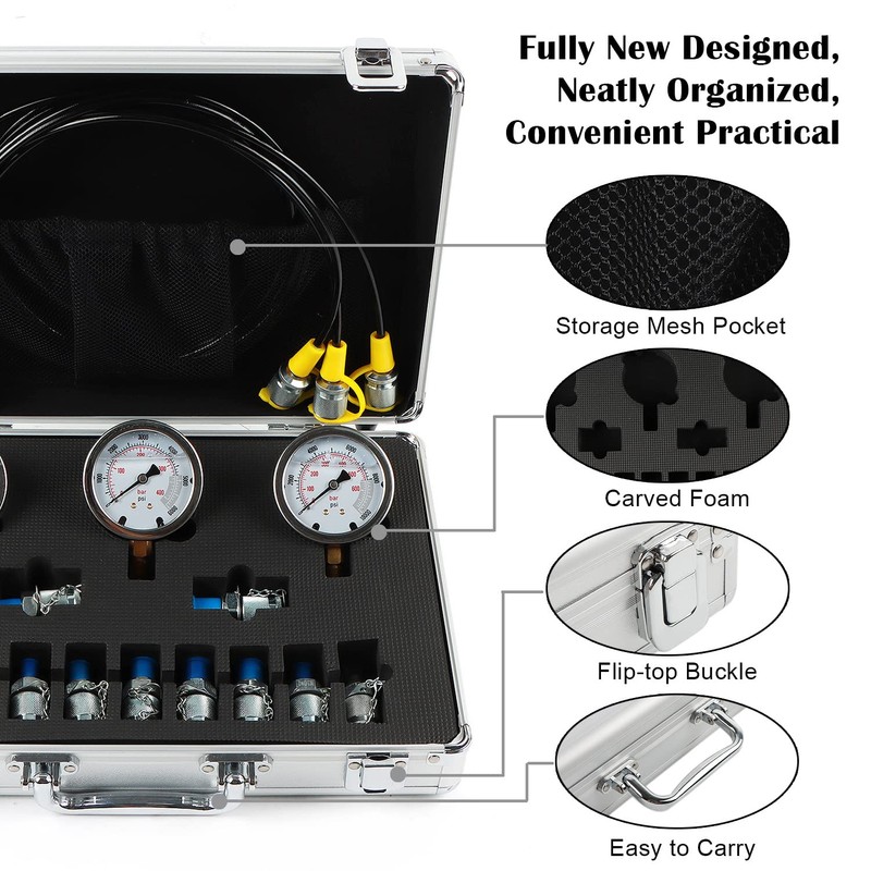 IMELBUFF Hydraulic Pressure Test Kit 25/40/60Mpa, 3 Gauges 11 Couplings