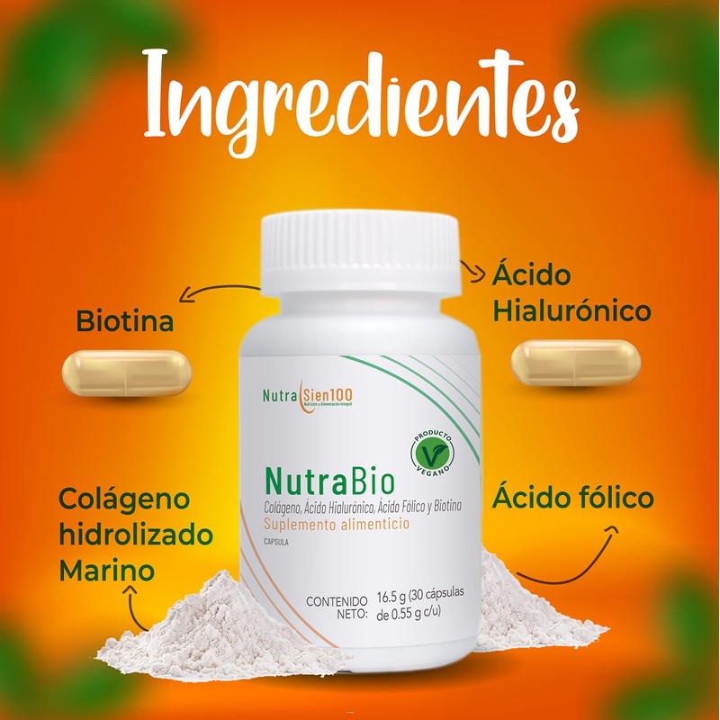 Nutrasien100 Colágeno Biotina Ácido Hialuronico Suplemento Vegano 30 Cápsulas