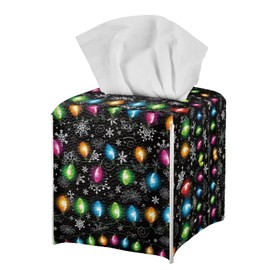 Pzuqiu Christmas Lights Tissue Box Cover, Square PU Leather Tissue Box Holder, Modern Tissue Case Facial Paper Organizer Dispenser for Christmas Decors