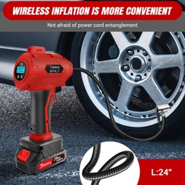 Tire Inflator Portable Air Compressor, 21V Cordless Car Tire Pump, Rechargeable Battery Powered Air Compressor w/12V DC Adapter, Digital Pressure Gauge, for Cars, Motorcycles, Bikes, Black + Red