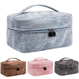 Fammio Cowboy Texture Makeup Bag for Women, Large Capacity Cosmetic Bags Toiletry Bag Travel Organizer, Stylish Blue Portable Pouch with Handle, Great Gifts for Women