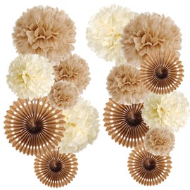 SUNBEAUTY Pack of 15 Wedding Decoration Vintage Beige Pompoms Decoration Brown Paper Fan Boho Party Decoration for Wedding Decoration Birthday Table Decoration Baby Shower