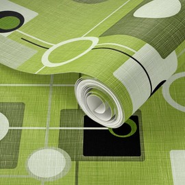 Peel & Stick Wallpaper 9ft x 2ft - Orbs Squares Green Vintage Fifties Atomic Circle Century Modern Retro Trendy Lime Olive Custom Removable Wallpaper by Spoonflower