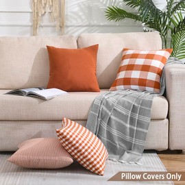 CARRIE HOME Burnt Orange Fall Plaid Throw Pillow Covers 20x20 Set of 4, Autumn Outdoor Farmhouse Decorative Pillows 20 x 20, Buffalo Checkered Striped Living Room Decor Pillows for Front Porch