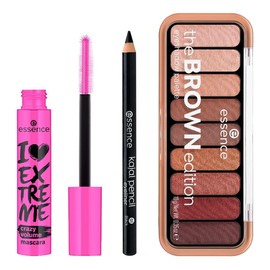 essence - Pack 3 en 1 Paleta de Sombras The Brown Edition 10 g  Máscara de Pestañas I Love Extreme Crazy Volume 12 ml  Lápiz Kajal Negro 1 g,