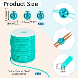 NBEADS Cord Lock Kit, 54.68 Yards Tubular Synthetic Rubber Cord 6 Pcs Plastic Cord Locks for Drawstring Cord Stop Elastic Shoelace Lock Fastener Slider Clip, Medium Turquoise