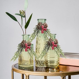 FANTESTICRYAN Baroque Bud Glass Vases Set of 3, Retro Gradient Small Glass Vase Single Flower Vases for Centerpiece Décor, Tabletop, Christmas Special (Green)