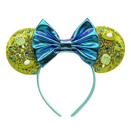 WW-WONDERFULWORLD Green Sequin Mouse Ears Headband with Space Alien Theme Style Accessories, Shiny Purple Bow + Blue Rhinestone Diamond, for Park Costume Cosplay Glitter Party