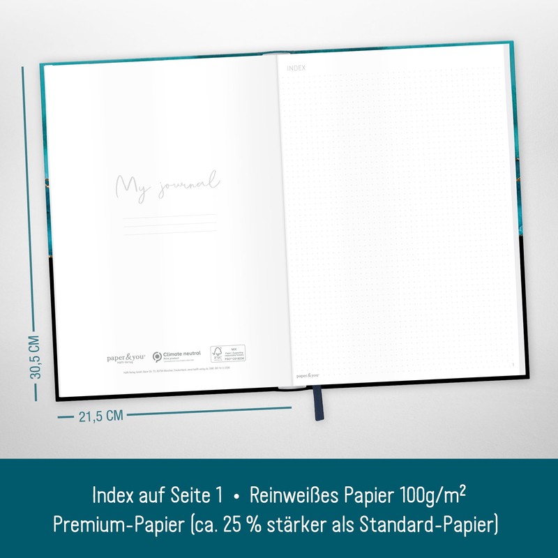 paper&you® Bullet Journal Dotted A4+ with Elastic Band [Shiny Teal]