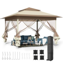 MAMIZO 11ft Pop Up Gazebo, Outdoor Instant Canopy Tent w/4 Netting Sidewall & Auto Extending Eave, Patio Gazebos Shelter w/Mesh Wall, Center Lock, Wheeled Bag for Garden, Yard (Khaki, 11X11FT)