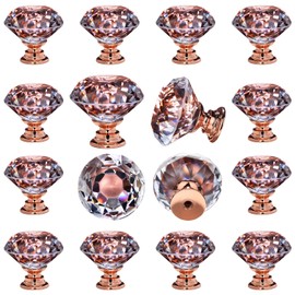 DEELF OUTLET 12 Packs Crystal Cabinet Knobs Drawer Pulls and Knobs Kitchen Cabinet Knobs Diamond Dresser Knobs Crystal Knobs for Drawers - 30 mm Clear Glass Cabinet Knobs with Rose Gold Base