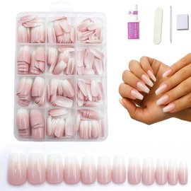 240Pcs Press-On Nails Kit with Tool - Long & Medium Square French Tip False Nails Glossy Nude Pink Gradient Coffin Fake 12 Sizes Full Cover Acrylic Stick- DIY Manicure Art (JBBL240)