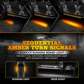 OPT7 Sidekick 86" Running Board Lights 2PCS LED Strips w/Sequential Amber Turn Signal, DRL, White Courtesy Light for Extended Crew Cab Trucks Pickup Trailer