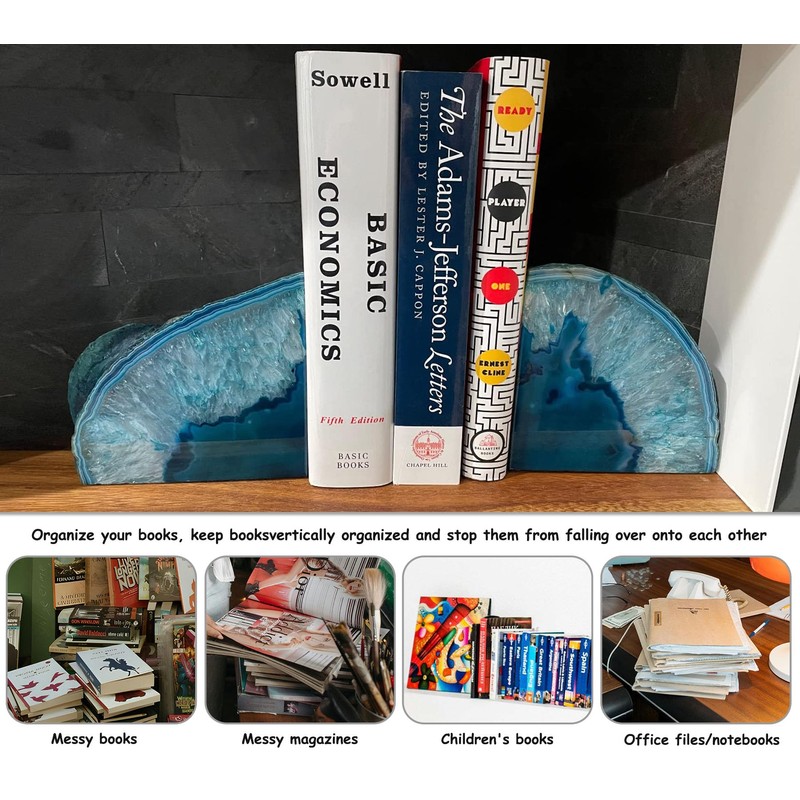 AMOYSTONE Teal Agate Geode Bookends, Unique Natural Crystal Book Holder