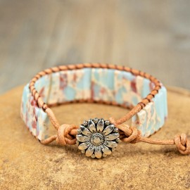 Natural African Opal Tube Beads Hand Braided Leather Boho Gemstone Bracelet Gift