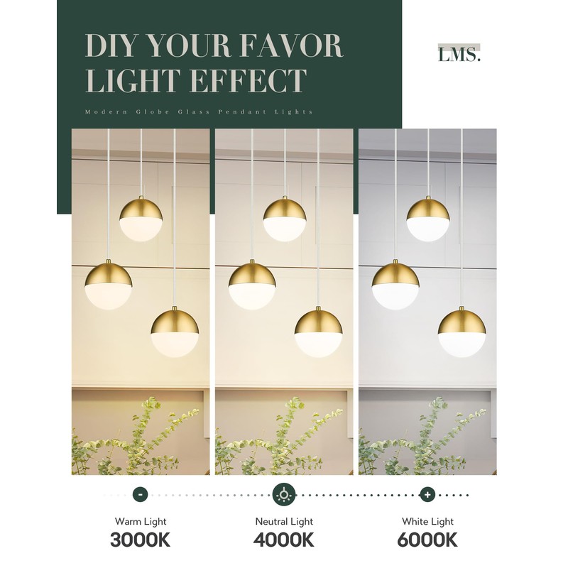 LMS Brushed Gold 3-Light Cluster Pendant Lights, Modern Kitchen Island
