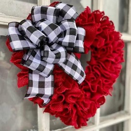 Valentines Day Wreath for Front Door, Valentines Day Heart Shaped Wreath with Buffalo Plaid Bows, Handmade Farmhouse Wall Decorations Valentine's Day Decor Party Supplies