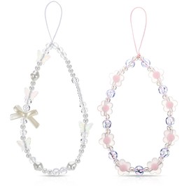 BOHUIZ 2 Pcs Beaded Phone Wrist Strap, Crystal Butterfly Flower Pearl Phone Bracelet Strap Cute Phones Charm Y2k Lanyard for Women Phones Camera Keychain Wallet Pendant Decor
